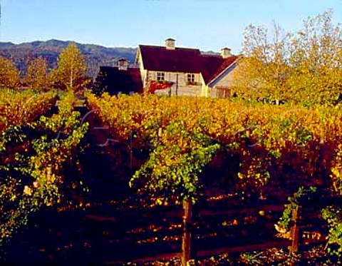 View over autumnal Cabernet Sauvignon vineyard to  the historic 1891 winery of Edgewood Estate   St Helena Napa Valley California