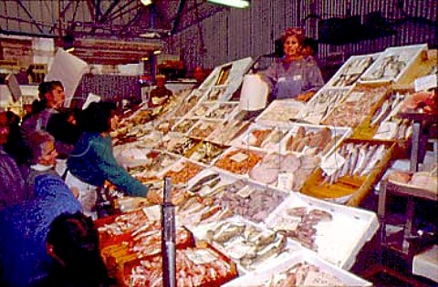 Fish stall in the covered market at Torino  Piemonte Italy