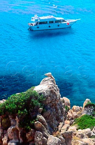 Motor cruiser moored off the island of   Spargi Sardinia Italy