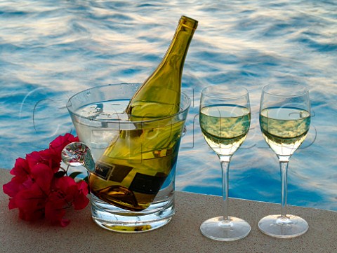 Bottle of white wine in cooler with glasses at   poolside Florida USA