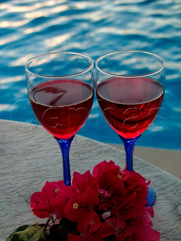 Red wine glasses  sprig of Bougainvillea on   poolside table  Florida USA