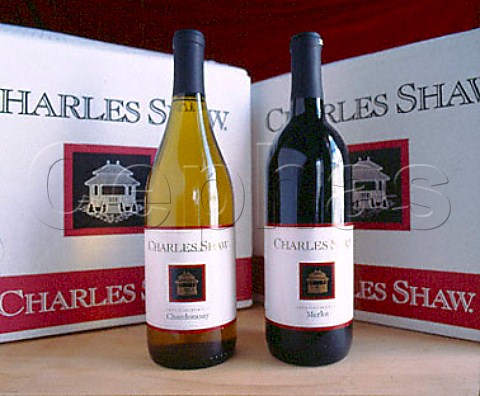 Bottles of Charles Shaw wine  also known as   Two Buck Chuck  on sale in Trader Joes   San Francisco California