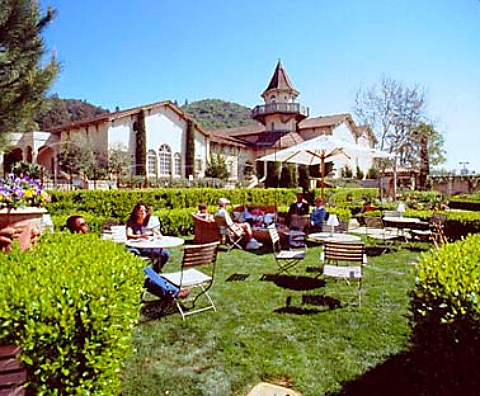 Tourists tasting wine in the garden of   Chateau StJean winery Kenwood   Sonoma Valley California