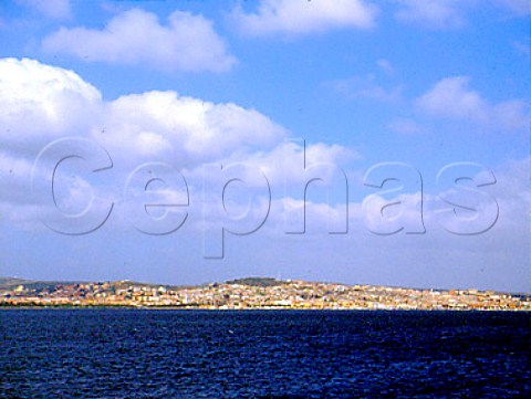 Town of SantAntoco viewed from the causeway which   connects Isola di SantAntioco to the mainland   Sardinia Italy