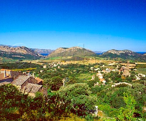 View over the village and church of Patrimonio with   the Golfe de StFlorent visible between the hills   HauteCorse Corsica France   AC Patrimonio