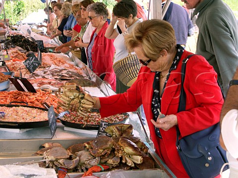 Woman inspecting crabs on a seafood stall in Blaye  market  Gironde France  Aquitaine