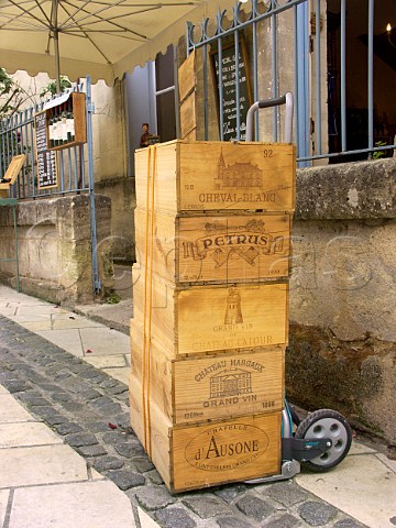 Wooden wine cases on a trolley Stmilion Gironde   France Stmilion  Bordeaux