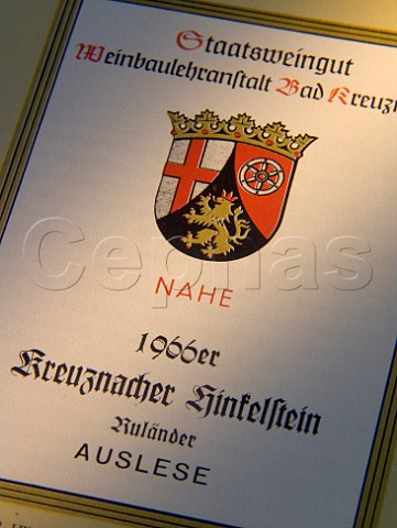 Label from bottle of 1966 Nahe Rulander Auslese   Germany