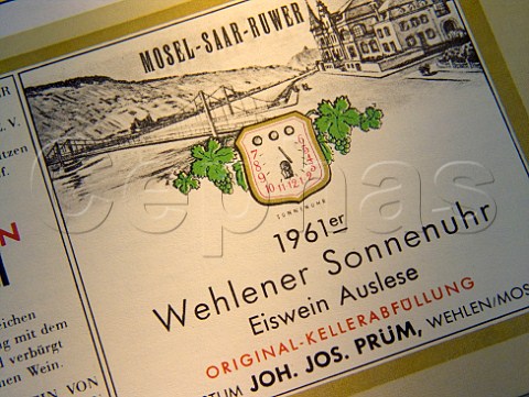 Label from bottle of 1961 Wehlener Sonnenuhr Eiswein   Auslese from Joh Jos Prm Mosel Germany
