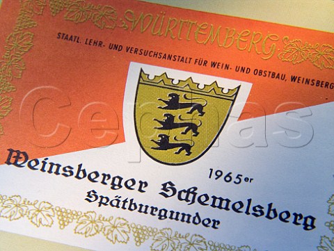 Label from bottle of 1965 Weinsberger Schemelsberg   Spatburgunder Wrttemberg Germany
