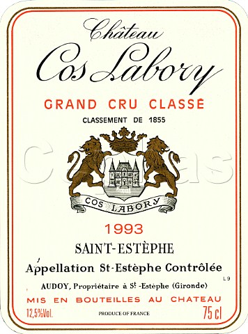 Wine label of Chteau Cos Labory 1993  StEstphe  Bordeaux
