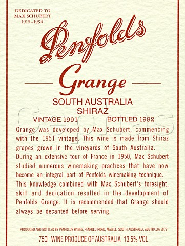 Wine label of Penfolds Grange 1991  South Australia
