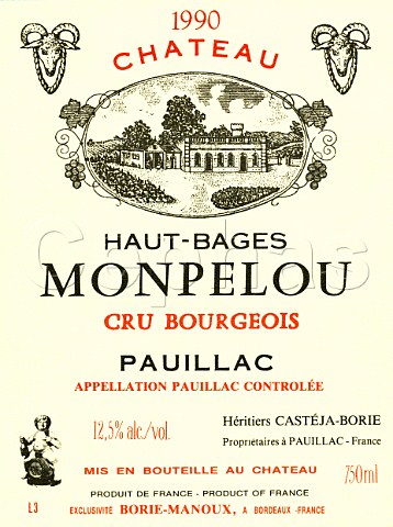 Wine label of Chteau HautBages Monpelou 1990   Pauillac  Bordeaux