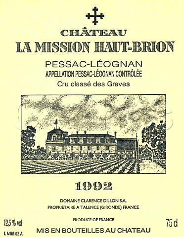 Wine label of Chteau La Mission HautBrion 1992    PessacLognan  Bordeaux