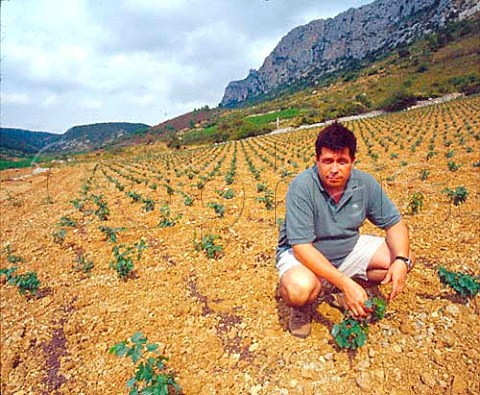 Herv Bizeul of Domaine du Clos des Fes in his   newly planted Cabernet Franc vineyard above Vingrau   PyrnesOrientales France  Ctes du Roussillon
