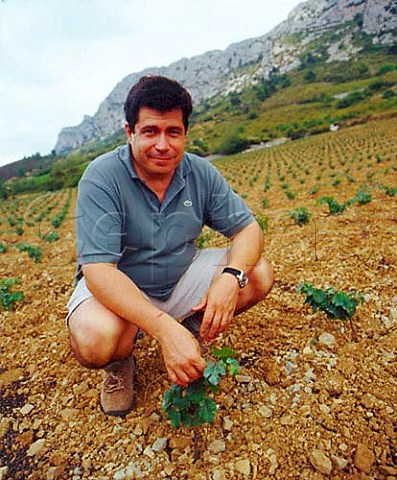 Herv Bizeul of Domaine du Clos des Fes in his   newly planted Cabernet Franc vineyard above Vingrau   PyrnesOrientales France  Ctes du Roussillon