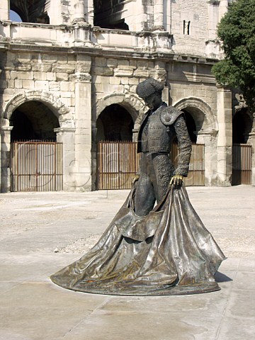 Bronze statue of matador outside the Amphitheatre   Nmes Gard France LanguedocRoussillon