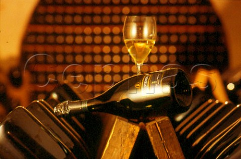 Bottle and glass of sparkling wine in   the cellars of Montenisa Calino   Lombardy Italy   Franciacorta