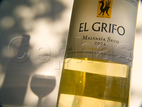 Bottle of El Grifo Malvasia wine with shadows in   background Lanzarote Canary Islands Spain    Lanzarote