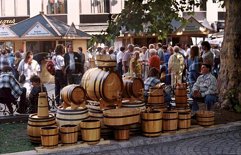 Wooden containers for wine making on   sale at the International Wine Festival   Budapest Hungary