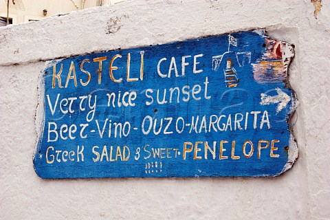 Sign for the Kasteli Caf in Pirgos Santorini   Cyclades Islands Greece