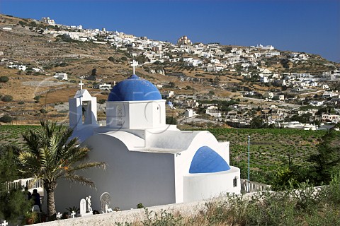 Church and cemetery amidst vineyards below the   village of Exo Gonia Santorini Cyclades Islands   Greece
