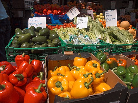 Display of fruit and vegetables on a market stall  KingstonuponThames Surrey