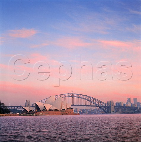 Opera House and harbour bridge at dawn   Sydney New South Wales Australia