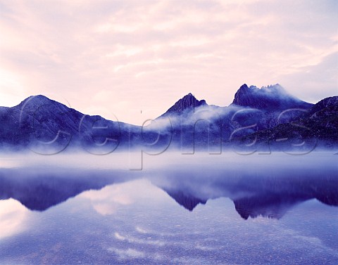 Cradle Mountain reflecting in Dove Lake at dawn  Cradle Mountain  Lake Saint Clair National Park  Tasmania Australia