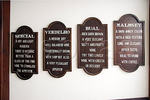 Sign describing the four main noble grape varieties   used in Madeira wine at the Old Blandy Wine Lodge   Arcadas de So Francisco part of the Madeira Wine   Company Funchal Madeira Portugal