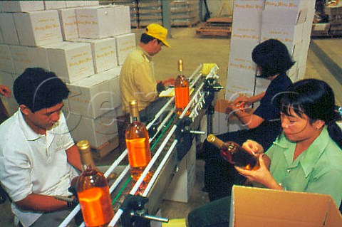 Hand labelling bottles on the bottling  line of the Allied Domecq winery in  southern Vietnam
