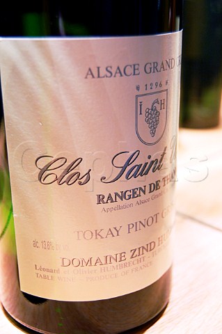 Bottle of Clos SaintUrbain Tokay Pinot Gris from the Rangen de Thann vineyard On display in the tasting room of Domaine ZindHumbrecht Turckheim HautRhin France