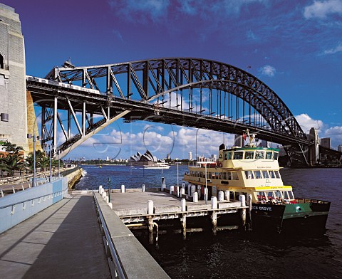 Ferry at Milsons Point with the Harbour Bridge and   Opera House in background Sydney New South Wales   Australia