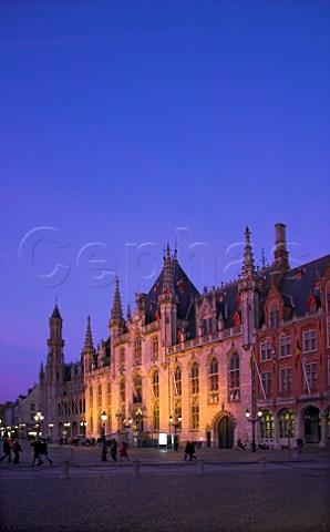 Provincial Court building overlooking the Market   Square at dusk Brugge  Belgium
