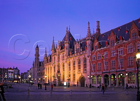 Provincial Court building overlooking the Market   Square at dusk Brugge  Belgium