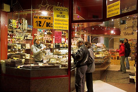 Chocolate shop interior Wollestraat Bruges   Belgium