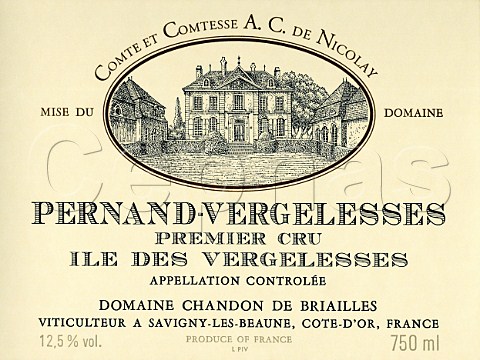 Wine label from bottle of Premier Cru Ile des   Vergelesses from  Domaine Chandon de Briailles   SavignylesBeaune Cte dOr France