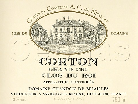 Wine label from bottle of Grand Cru Corton Clos du   Roi from  Domaine Chandon de Briailles   SavignylesBeaune Cte dOr France