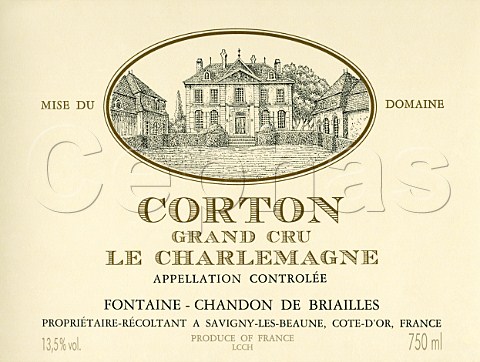 Wine label from bottle of Grand Cru Corton   Charlemagne from  Domaine Chandon de Briailles   SavignylesBeaune Cte dOr France