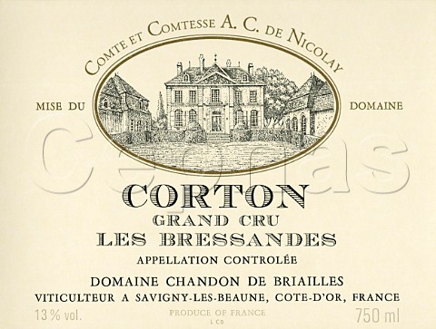 Wine label from bottle of Grand Cru Corton Les   Bressandes from  Domaine Chandon de Briailles   SavignylesBeaune Cte dOr France