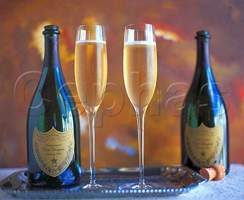 Two glasses and bottles of Dom Prignon Champagne