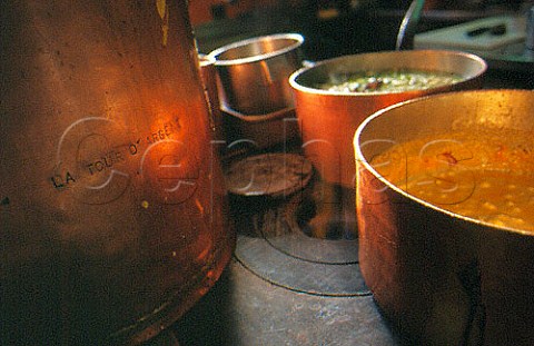 Copper pans in the kitchen of   La Tour DArgent restaurant   Paris France