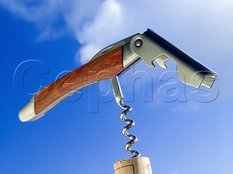 Waiters friend corkscrew piercing a cork with blue sky behind