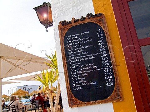 Menu board displaying variety of coffees available  at a waterside caf in Marina Rubicon Lanzarote Canary Islands