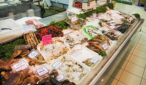 Seafood and Fish stall with prices tags in Japanese and English Oriental City Colingdale London