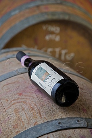 Bottle of 2001 Corsini Barolo in the barrel cellar   of Podere Ruggeri Corsini  Bussia Monforte dAlba   Piedmont Italy  Barolo