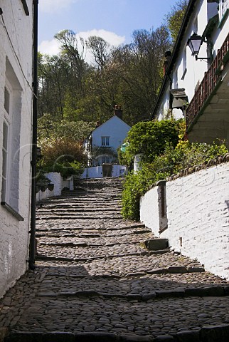 Steep cobbled main street in Clovelly North Devon   England