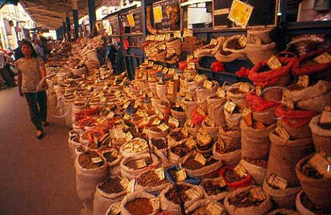 Sacks of spices on sale in Canton   market China
