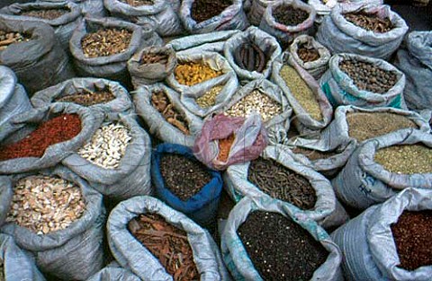 Sacks of spices on sale in a food   market western China
