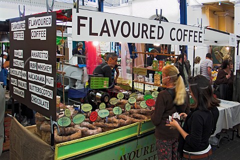 Flavoured coffee stall at Greenwich covered market  Greenwich London England